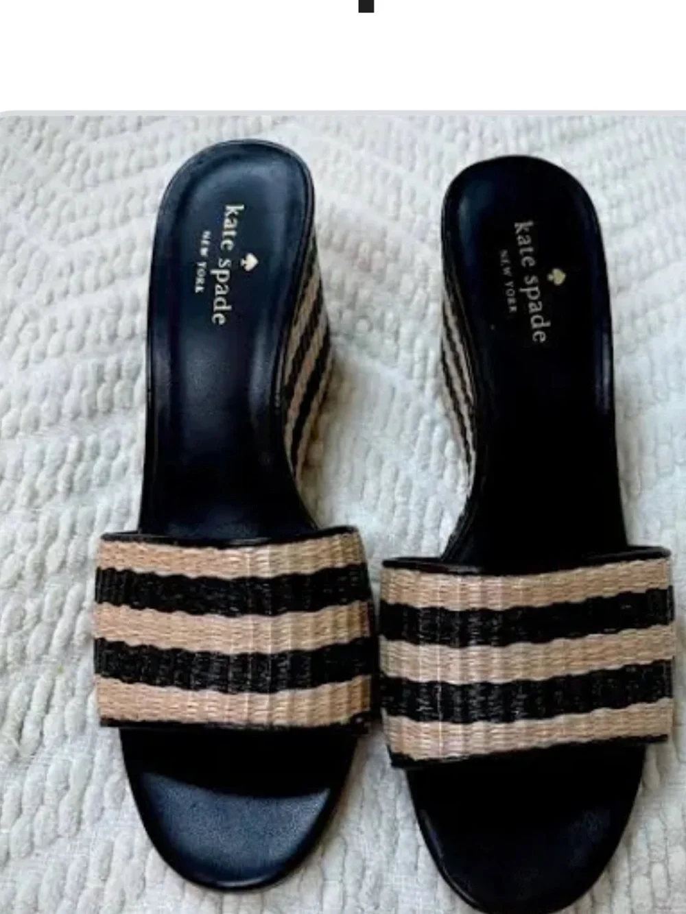 kate spade Black and Natural Striped Woven Slide Mules